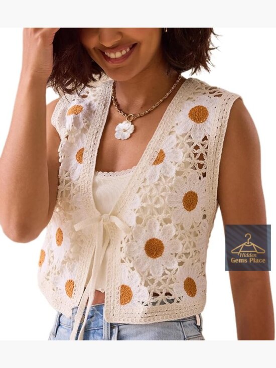 Tops - Y2K Crochet Knit Vest Tie Front Tank Top Sleeveless V Neck Crop Hollow Out